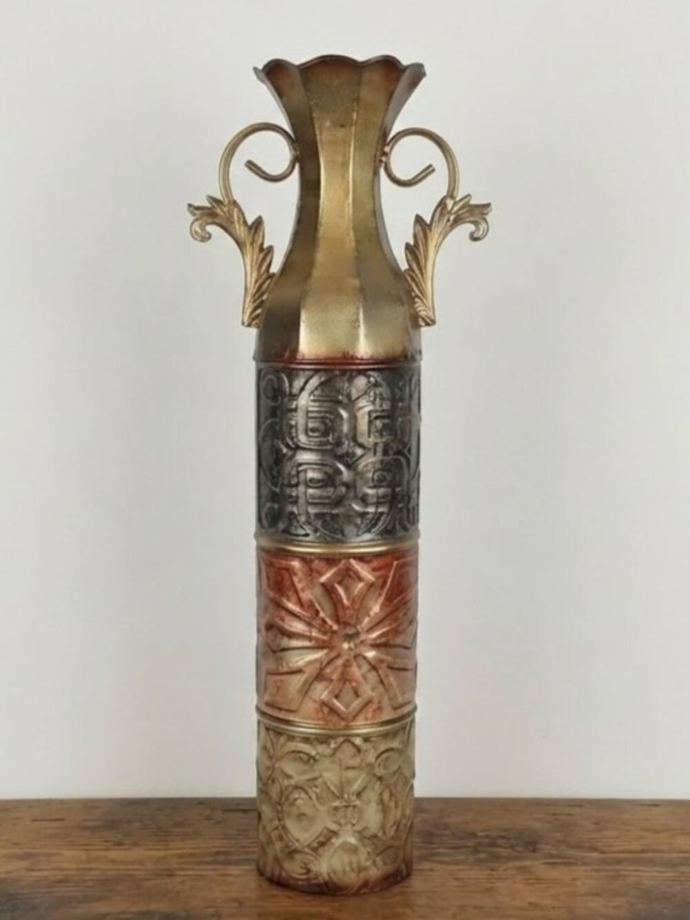Tall Metal Floor Vase 23" Embossed Panels Scalloped Rim Accent Boho Home Decor
